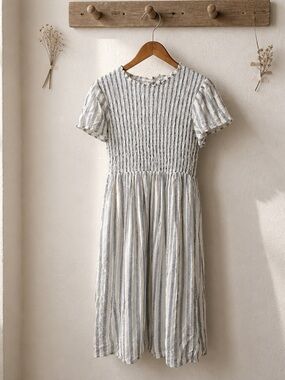 Polagram Medium Blue White Striped Smocked Midi Dress Coastal Cottagecore